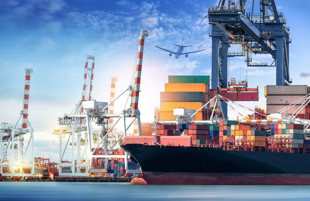 bigstock--187881256 Logistics and transportation of International Container Cargo ship and cargo plane in the ocean at twilight sky Freight Transportation Shipping